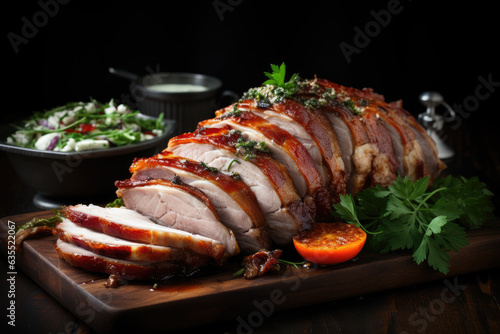 Classic baked pork porchetta, garnished with various herbs