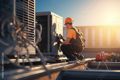 Technician working on air conditioning outdoor unit on hot sunny day. HVAC worker professional occupation.