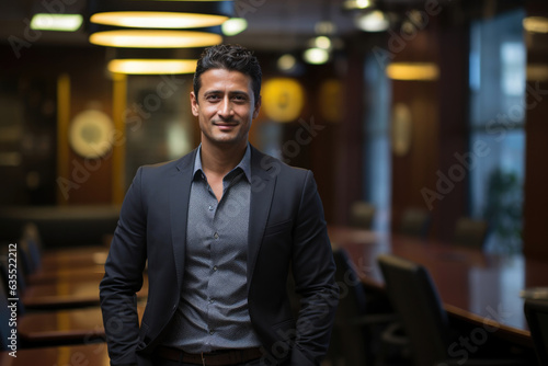 Portrait of Smiling Indian businessman with folded hands in office