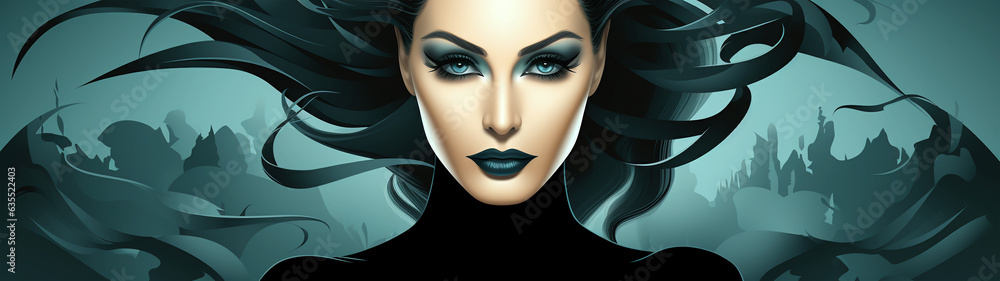 Portrait of the woman witch and vampire Halloween the evil force logo concept of guile betrayal - obrazy, fototapety, plakaty 