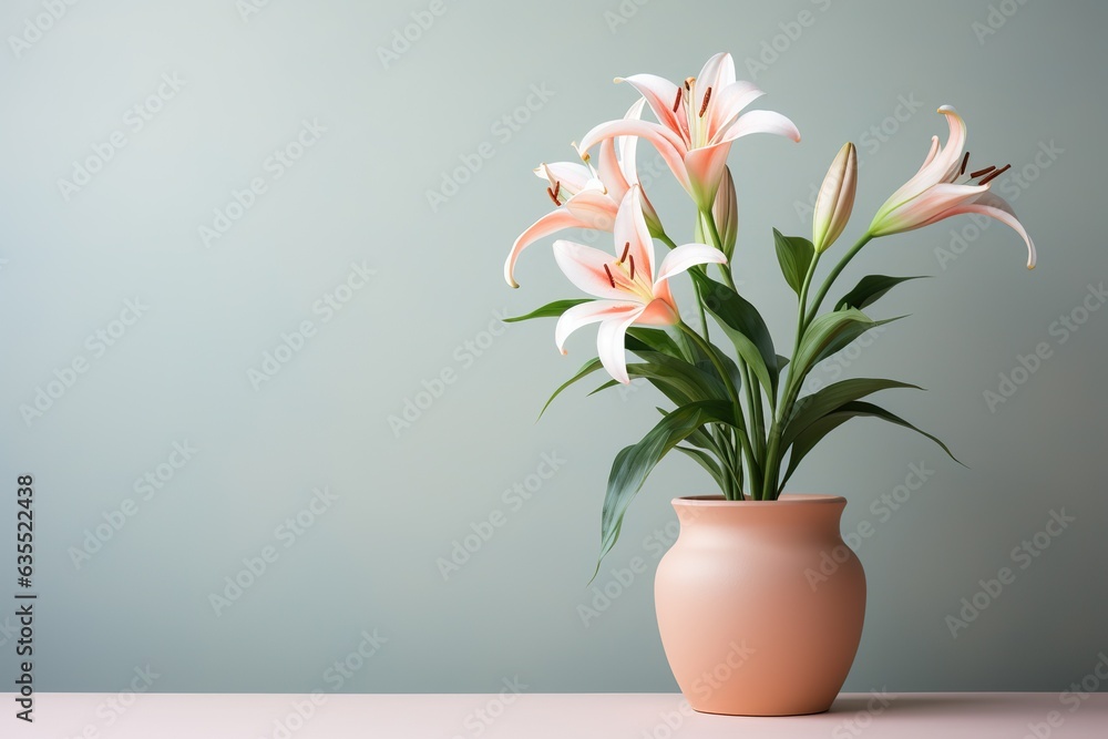 Lily flowers in a clay pot, minimalism, pastel background, reality, stock photography, high quality with copy space