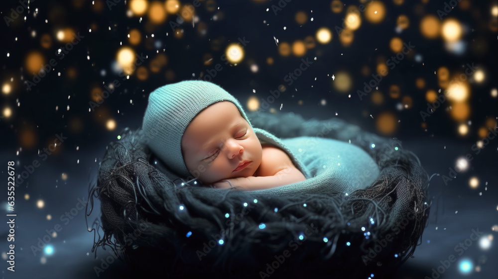 Newborn baby in cocoon in starry night. Concept photo. AI generated Newborn baby in cocoon in starry night. Concept photo. AI generated