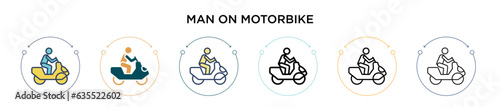 Man on motorbike icon in filled, thin line, outline and stroke style. Vector illustration of two colored and black man on motorbike vector icons designs can be used for mobile, ui, web