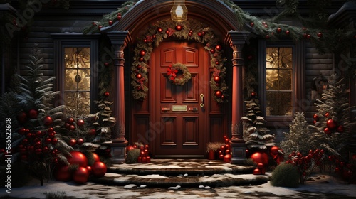 Generative AI, Front door with Christmas decoration, wreath and garland. Red and grey colors