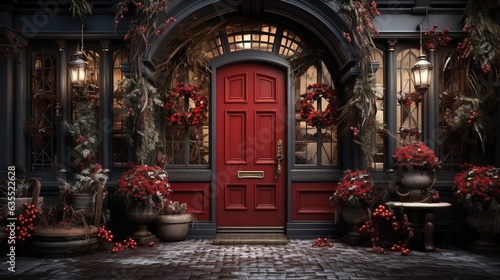 Generative AI, Front door with Christmas decoration, wreath and garland. Red and grey colors © DELstudio