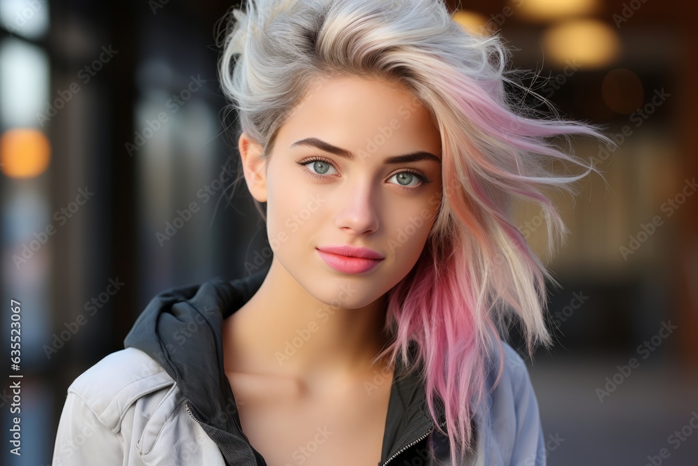 Photo of a woman with vibrant pink hair and striking blue eyes created with Generative AI technology Photo of a woman with vibrant pink hair and striking blue eyes created with Generative AI technology