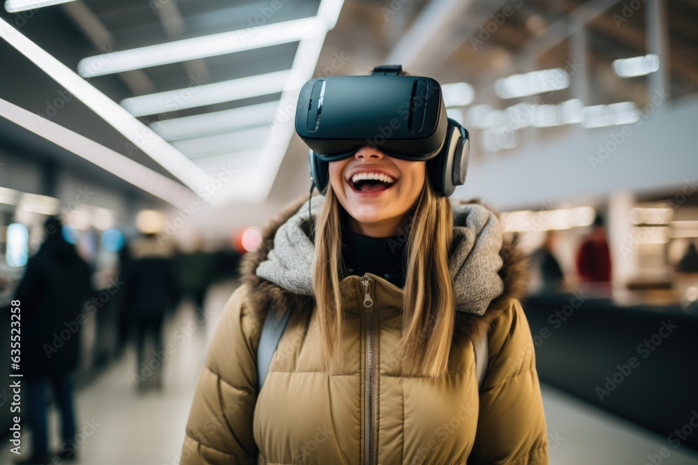 Woman wearing vr glass, virtual reality headsets and using virtual assistant for shopping product. generative ai