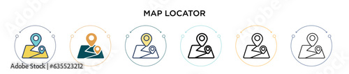 Map locator icon in filled, thin line, outline and stroke style. Vector illustration of two colored and black map locator vector icons designs can be used for mobile, ui, web