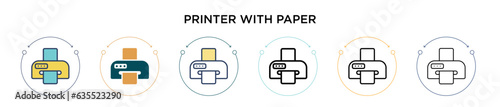 Printer with paper icon in filled, thin line, outline and stroke style. Vector illustration of two colored and black printer with paper vector icons designs can be used for mobile, ui, web