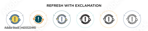 Refresh with exclamation icon in filled, thin line, outline and stroke style. Vector illustration of two colored and black refresh with exclamation vector icons designs can be used for mobile, ui, web