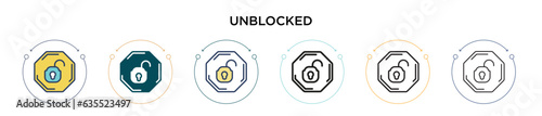 Unblocked icon in filled, thin line, outline and stroke style. Vector illustration of two colored and black unblocked vector icons designs can be used for mobile, ui, web