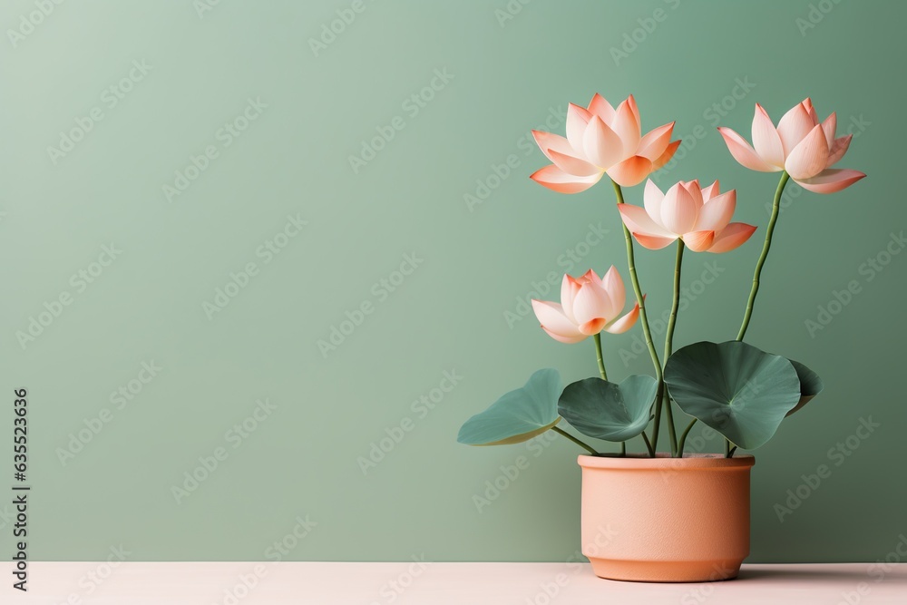 Lotus flowers in a clay pot, minimalism, pastel background, reality, stock photography, high quality with copy space Lotus flowers in a clay pot, minimalism, pastel background, reality, stock photography, high quality with copy space