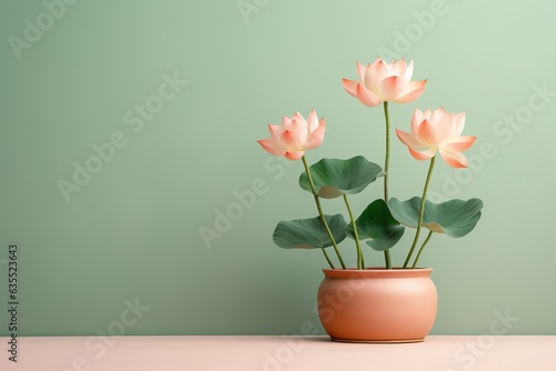 Lotus flowers in a clay pot, minimalism, pastel background, reality, stock photography, high quality with copy space