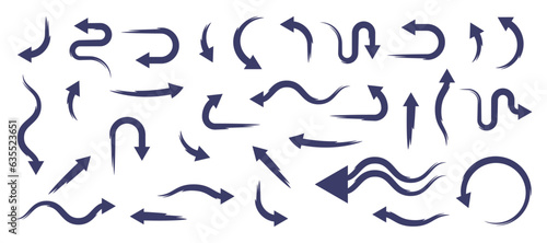 curved arrow icons - set of brush stroke style curved arrow icons, straight and curved arrows