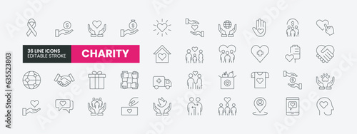 Set of 36 Charity, Donation or Kindness line icons set. Charity outline icons with editable stroke collection. Includes Donation, Charity, Humanitarian, Community, Donation Box, Fundraising and More.