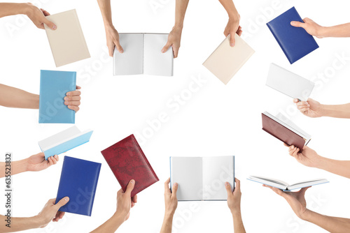 Many hands with books isolated on white