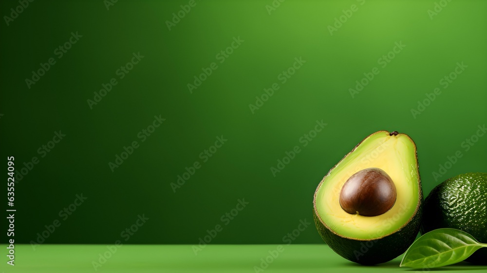 Avocado in front of a green Background with Copy Space
