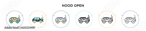 Hood open icon in filled, thin line, outline and stroke style. Vector illustration of two colored and black hood open vector icons designs can be used for mobile, ui, web