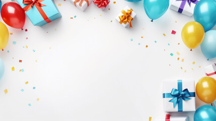 Birthday party background with copy space. Holiday frame with colorful balloon, gift, confetti and streamer. Top view. Created with Generative AI technology.
