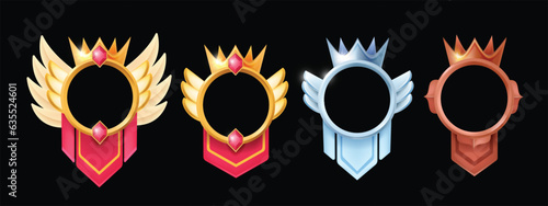 Game avatar frame vector set, UI golden fantasy circle border kit, reward winner round ring, crown. Metal ranking asset collection, RPG menu award user empty rim, victory emblem. Menu avatar frame