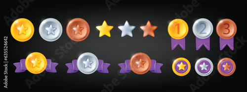 3D medal game set, vector level up UI golden silver bronze badge kit RPG app winner award ribbon. Rating victory certificate trophy elements, metal ranking reward clipart. Medal game sport achievement