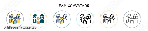 Family avatars icon in filled, thin line, outline and stroke style. Vector illustration of two colored and black family avatars vector icons designs can be used for mobile, ui, web