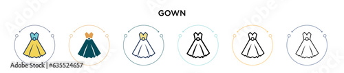 Gown icon in filled, thin line, outline and stroke style. Vector illustration of two colored and black gown vector icons designs can be used for mobile, ui, web