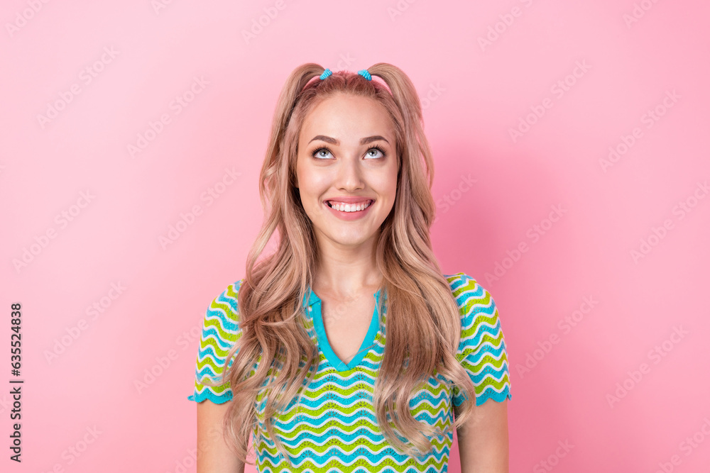 Photo of adorable cheerful girl curly hairdo dressed summer blouse look empty space adv poster isolated on pink color background Photo of adorable cheerful girl curly hairdo dressed summer blouse look empty space adv poster isolated on pink color background