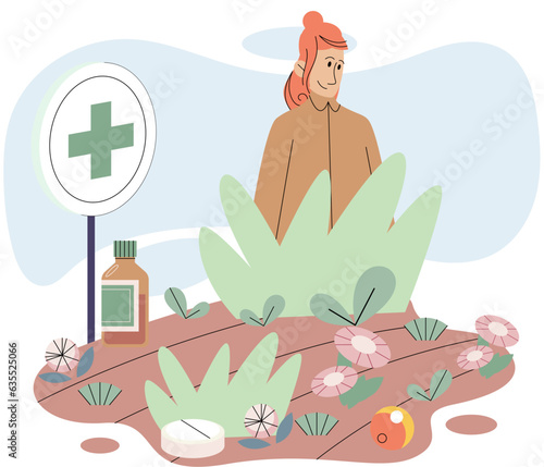Herbal medicine and homeopathy healthcare and health treatment. Woman growing plants picking leaves in garden bed. Using healing power of nature plants and flowers. Organic cure and aromatherapy