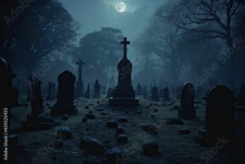 A chilling and eerie moonlit graveyard. Generative AI