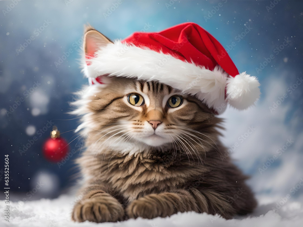 Christmas cat in a red santa claus hat, new year, greeting card, banner, Generative AI Christmas cat in a red santa claus hat, new year, greeting card, banner, Generative AI