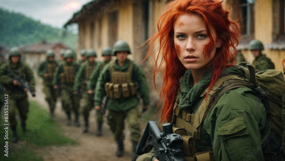 A woman holding a firearm with vibrant red hair A woman holding a firearm with vibrant red hair