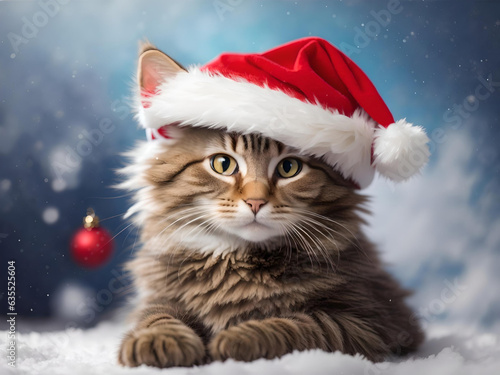 Christmas cat in a red santa claus hat, new year, greeting card, banner, Generative AI © mizan