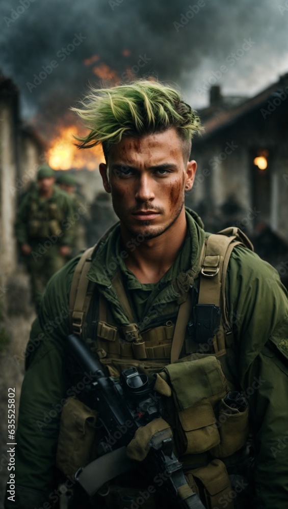 A man with vibrant green hair holding a gun