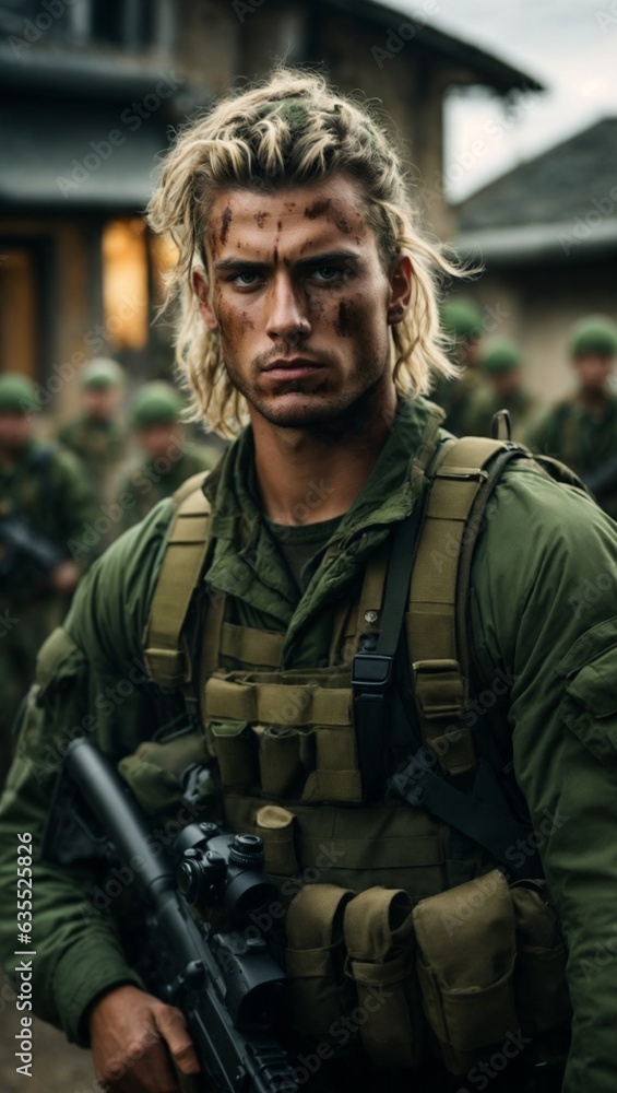 A soldier in uniform holding a firearm A soldier in uniform holding a firearm