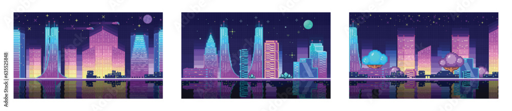 Voxel night cityscape background. Pixel art cyberpunk style city illustration. Neon lights and dark theme city. Chinese 8 bit city, arcade, poster. Bright colorful, illuminated street, city landscape