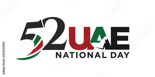 52 National Day of United Arab Emirates. Text Arabic Translation: Our National Day. December 2. UAE map symbol. Vector Logo. Eps 08. 