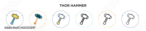 Thor hammer icon in filled, thin line, outline and stroke style. Vector illustration of two colored and black thor hammer vector icons designs can be used for mobile, ui, web