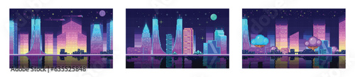 Voxel night cityscape background. Pixel art cyberpunk style city illustration. Neon lights and dark theme city. Chinese 8 bit city, arcade, poster. Bright colorful, illuminated street, city landscape