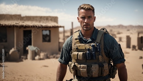 A soldier standing in the desert wearing a military uniform photo