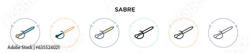 Sabre icon in filled, thin line, outline and stroke style. Vector illustration of two colored and black sabre vector icons designs can be used for mobile, ui, web