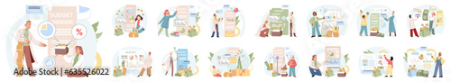 People analyzing personal or corporate budget. Funding and financing. Presentation, website. Financial planning. Company budget planning. Accountant managing budget and making savings illustration