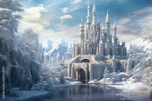The magnificent palace is covered by the winter snow. Magic ice castle with snow. Winter background photo