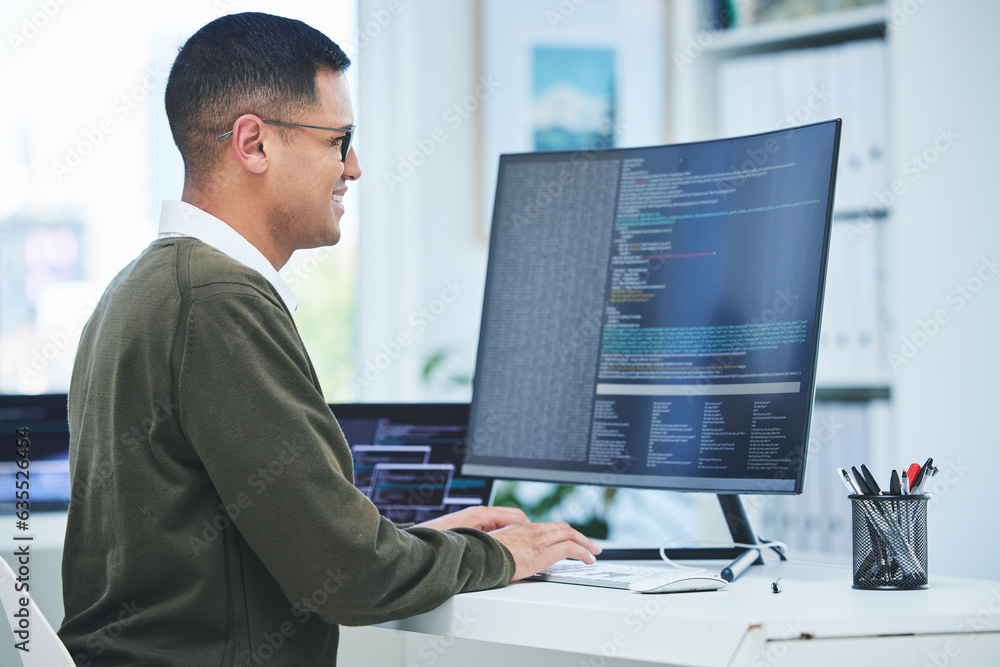 Developer, programming and a man at computer for coding, software script or cyber security in office. Happy IT technician person or programmer with technology for code, future and data analytics Developer, programming and a man at computer for coding, software script or cyber security in office. Happy IT technician person or programmer with technology for code, future and data analytics