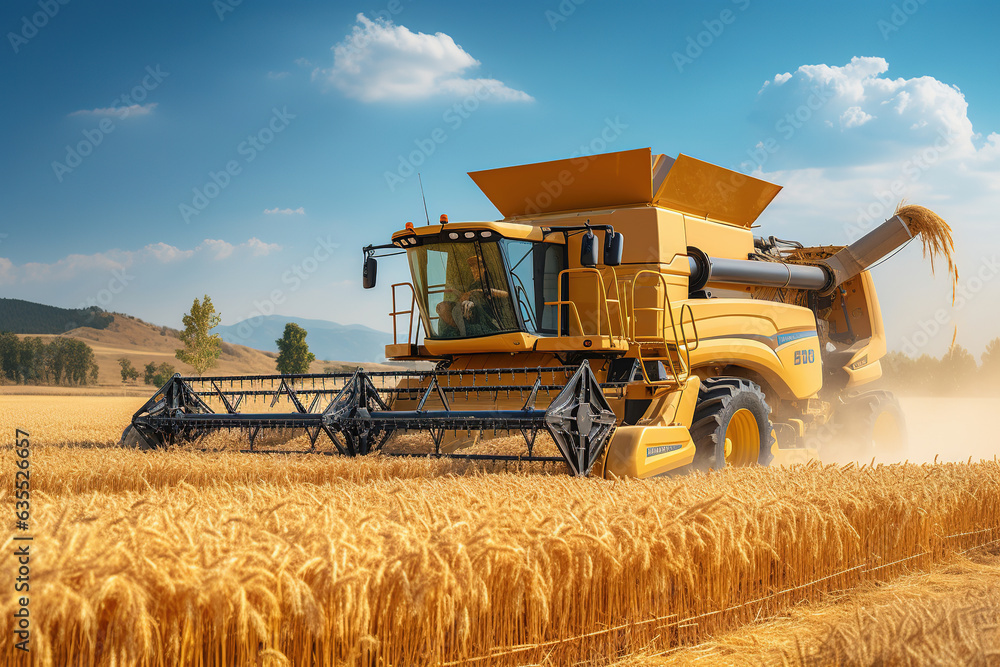 Obraz premium Harvester working on a field of golden wheat - agriculture concept.