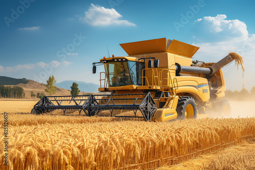 Harvester working on a field of golden wheat - agriculture concept.