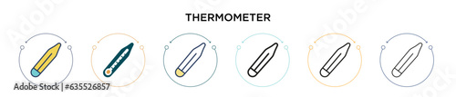 Thermometer icon in filled, thin line, outline and stroke style. Vector illustration of two colored and black thermometer vector icons designs can be used for mobile, ui, web