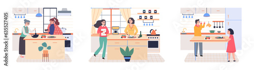 People cooking vegetarian food. Vector illustration. Set of characters cooking meal home. Woman preparing food for dinner. People cooking. Wife preparing healthy alternative from vegetarian nutrition