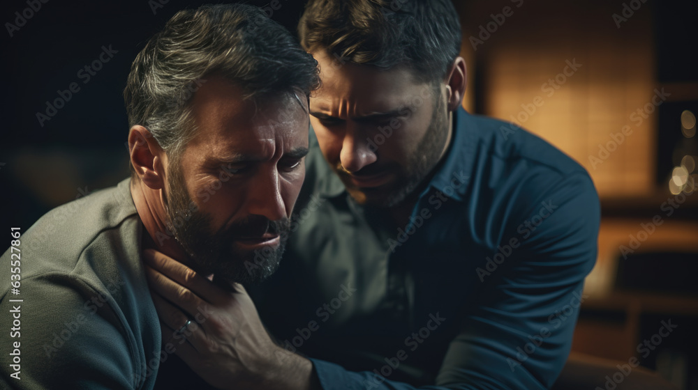 A close friend supports a man in depression. A close friend supports a man in depression.