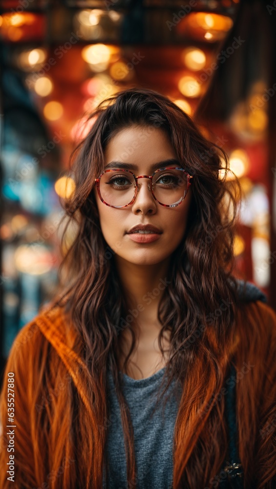 A woman standing in front of a building wearing glasses A woman standing in front of a building wearing glasses
